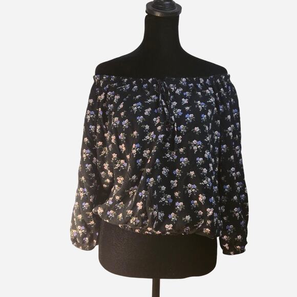 Free Kisses black floral off the shoulder blouse size XL - Picture 1 of 6